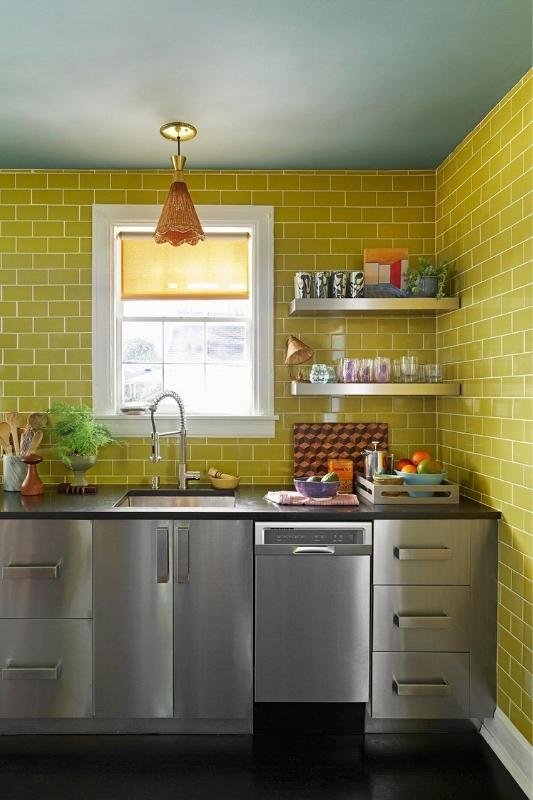 Citron and Stainless Steel - paint color for small kitchen with dark cabinets